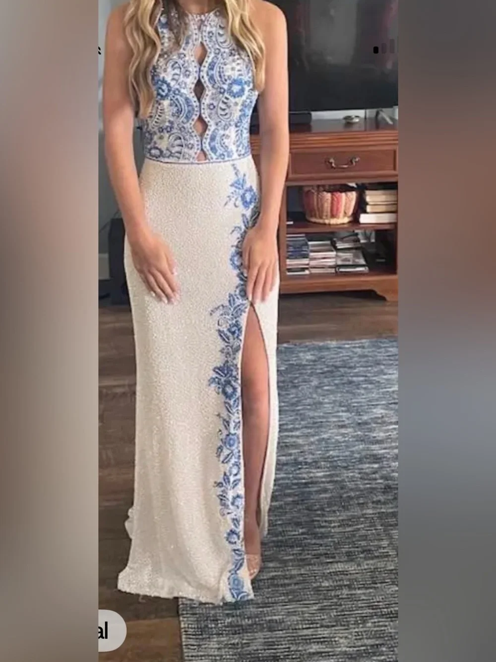 Sherri Hill Blue & White Embroidered Halter Prom Gown